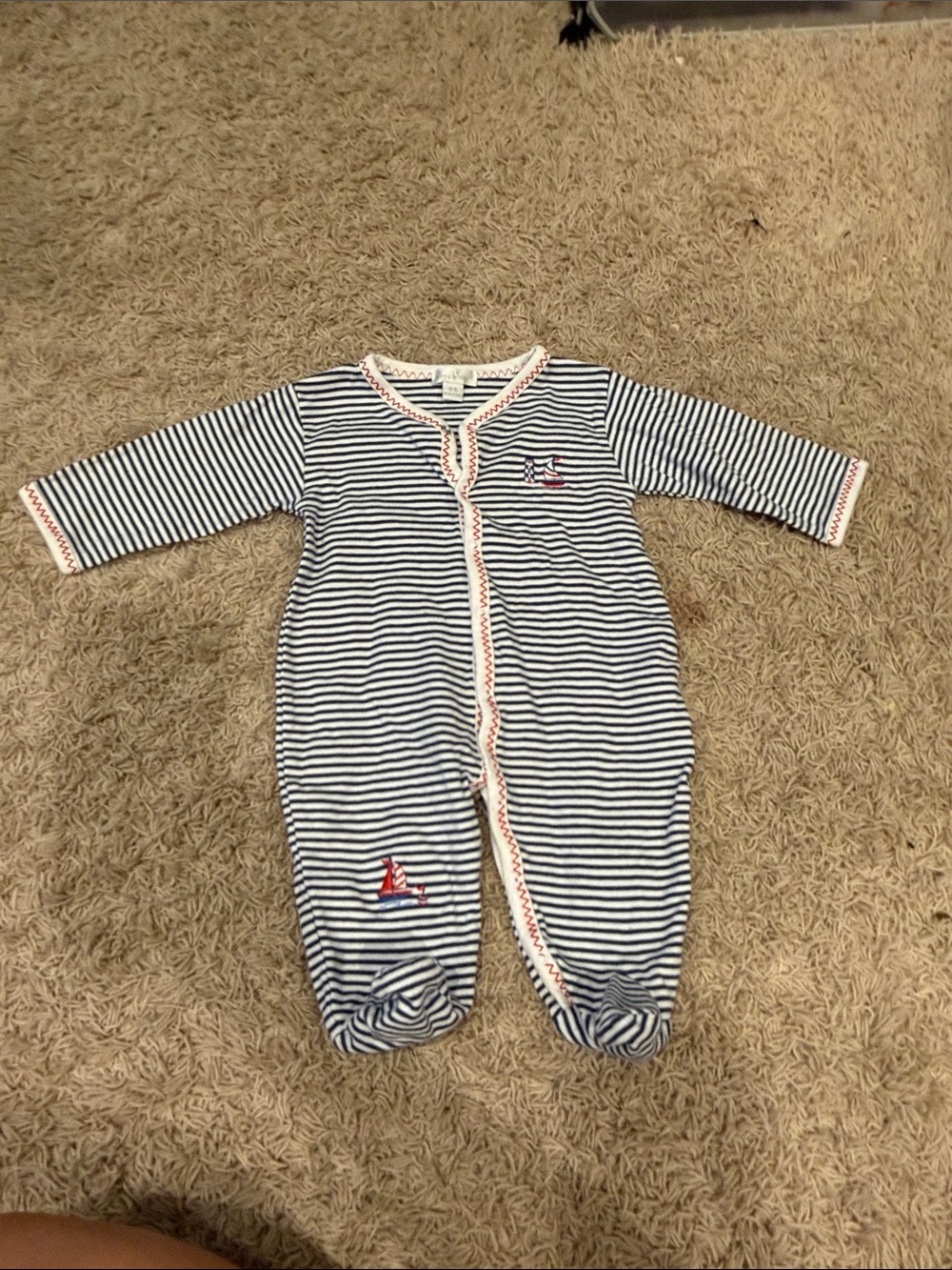 Kissy Kissy Navy & White Striped Footie with Red Trim
